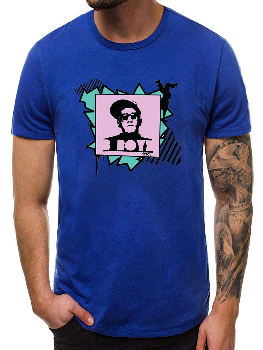 T-shirt Décontracté Caractère Imprimé à Manches Courtes - Bleu Dodger L