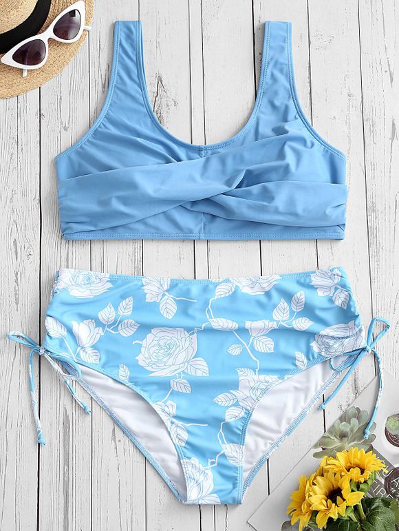 Maillot de Bain Bikini Sanglé Feuille Fleur de Grande Taille à Volants - Bleu Ciel Léger 4X