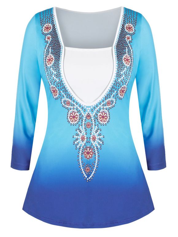 T-shirt Ombré Fleur Design de Grande Taille - Ciel Bleu Foncé 5X