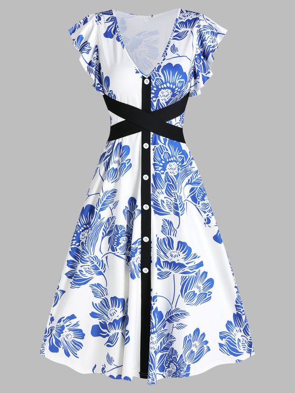 Robe Mi-Longue Fleurie Imprimée Taille Nouée à Col V - multicolor A 3XL