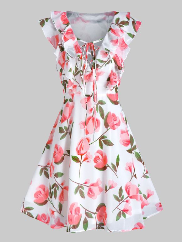 Flower Print Lace-up Sleeveless Chiffon Dress - multicolor A 3XL