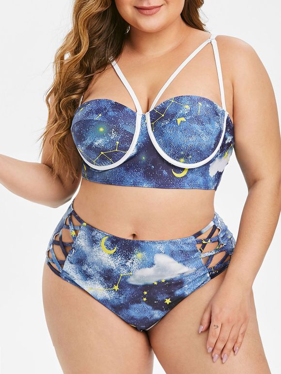 Maillot de Bain Bikini Lune Etoile Galaxie avec Harnais de Grande Taille - Bleu profond 5X