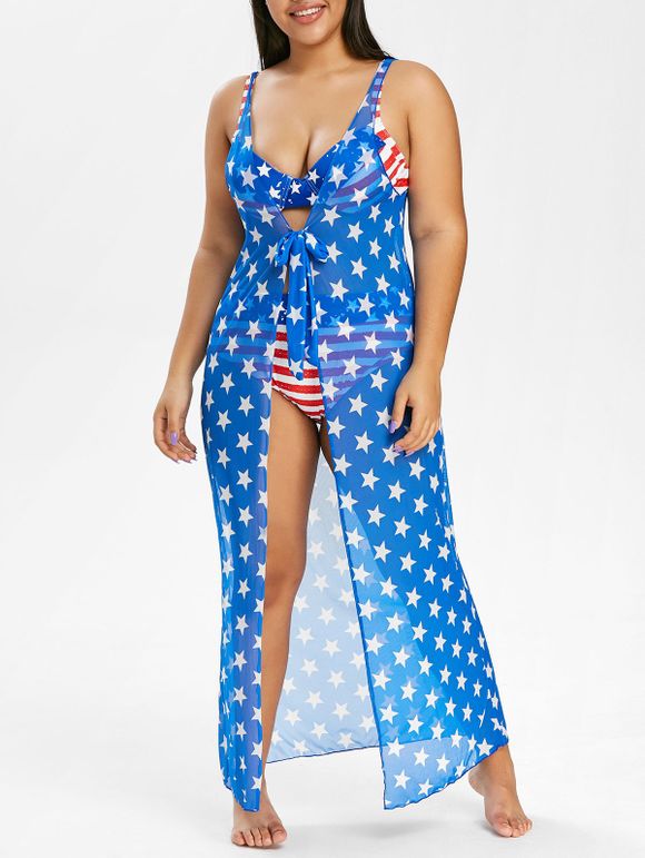 Maillot de Bain Bikini Drapeau Américain de Grande Taille à Armature Trois Pièces - Bleu 5X
