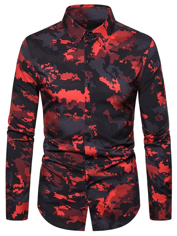 Chemise Boutonnée Camouflage Imprimé à Manches Longues - Rouge 2XL