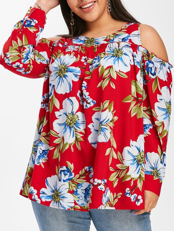Blouse Fleur Imprimée à Epaule Dénudée de Grande Taille - Rouge Lave 5X