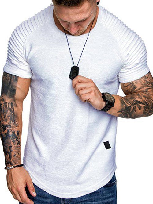 T-shirt Applique Superposé en Couleur Unie à Manches Raglan - Blanc XL