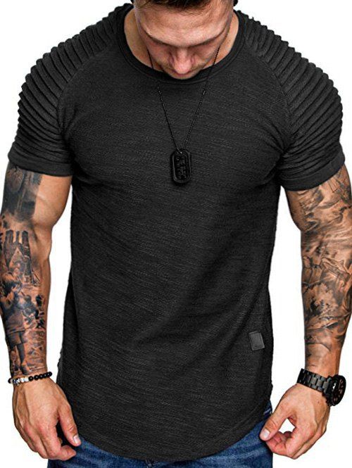 T-shirt Applique Superposé en Couleur Unie à Manches Raglan - Noir XL