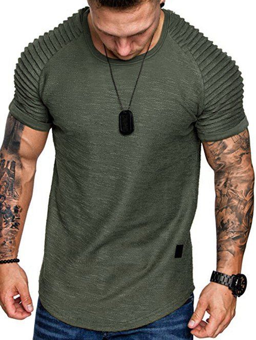 T-shirt Applique Superposé en Couleur Unie à Manches Raglan - Vert Fougère L