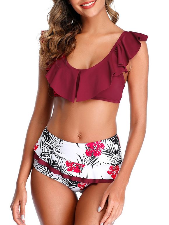 Floral Palmier Volants Bikini Slit - Rouge Vineux M