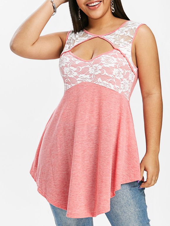 Débardeur Découpé en Dentelle Insérée de Grande Taille - Rose Rosé 5X