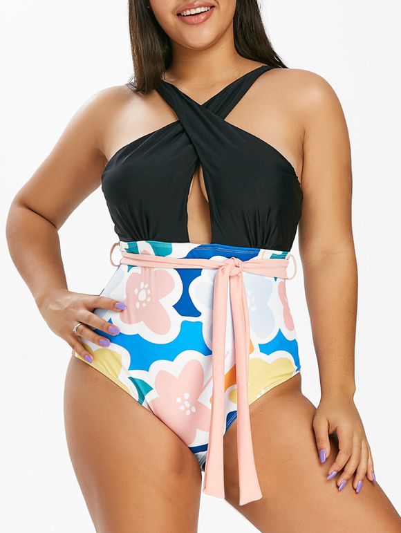 Plus Size Floral Print Crisscross Cutout One-piece Swimsuit - BLACK 1X