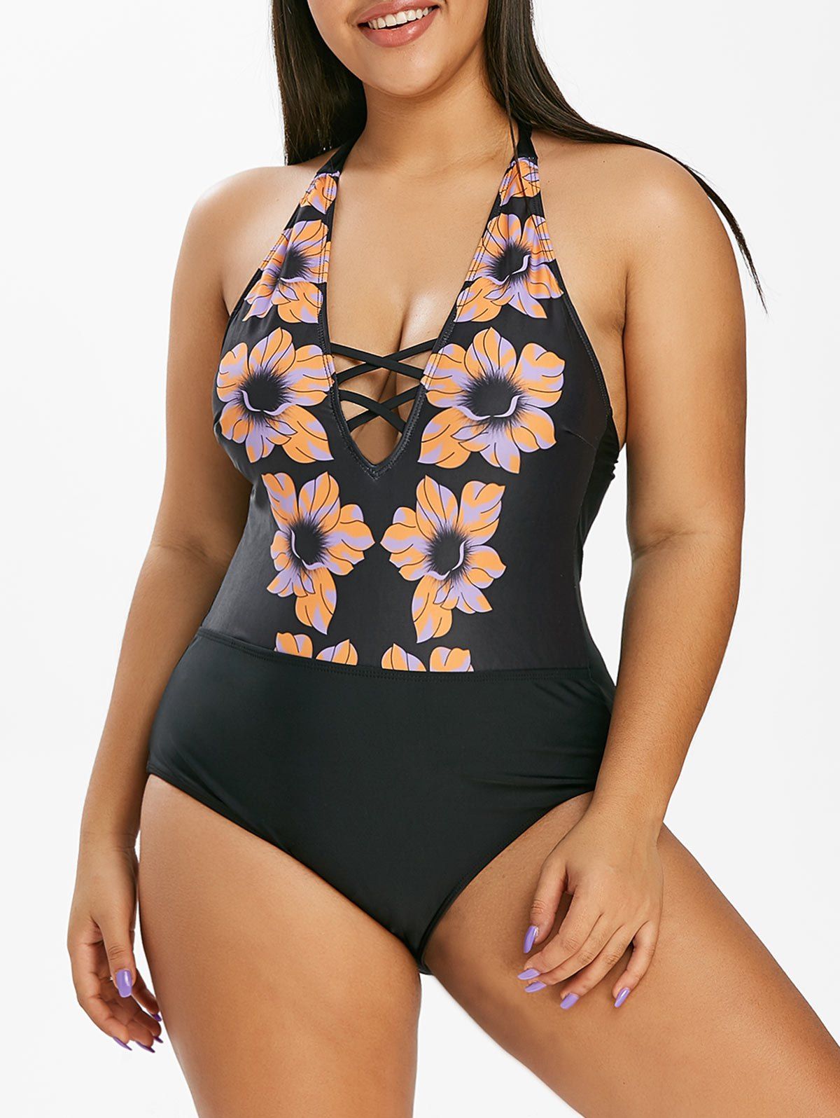 Plus Size Halter Floral Print Backless One-piece Swimwear - BLACK 4X