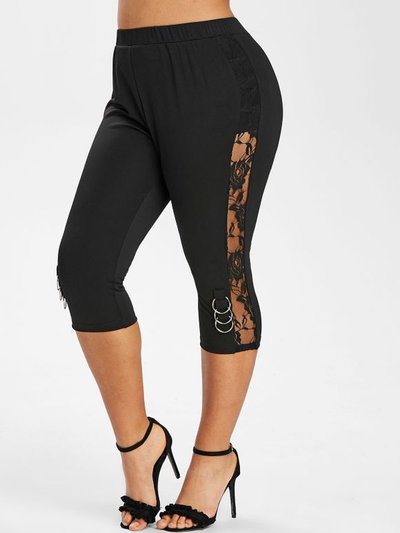 Plus Size Floral Lace Insert O Ring Fitted Leggings - BLACK 5X