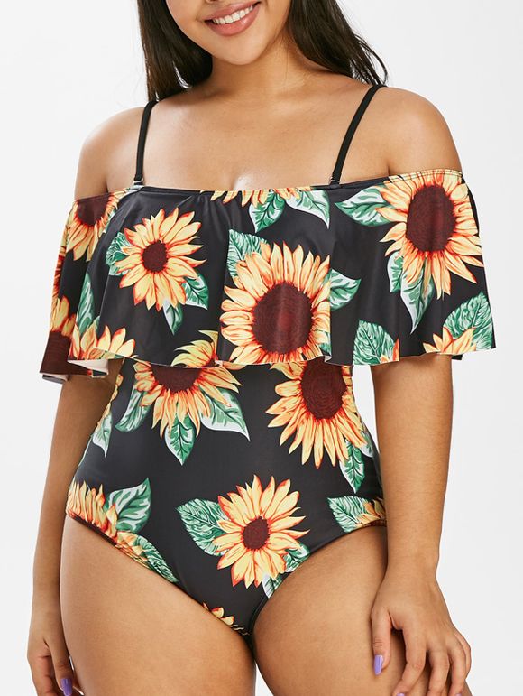 Plus Size Sunflower Print Ruffled One-piece Swimsuit - BLACK 5X