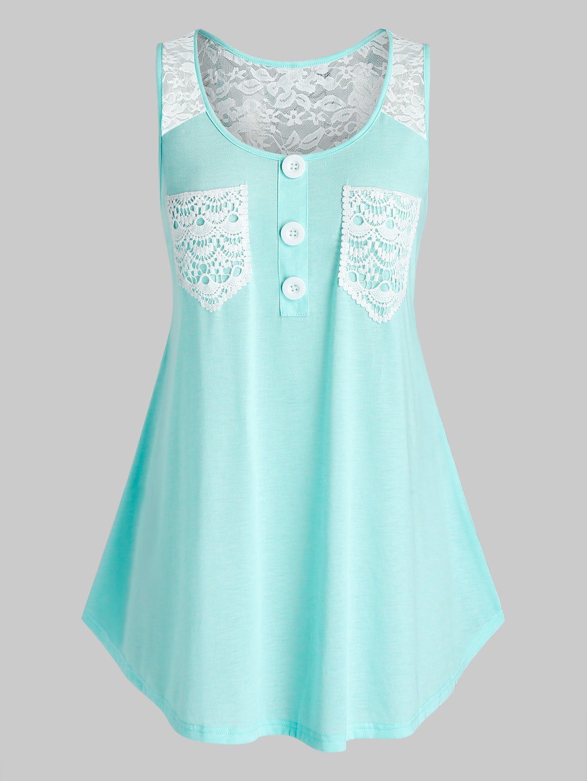 

Plus Size Lace Panel Button Tank Top, Light slate