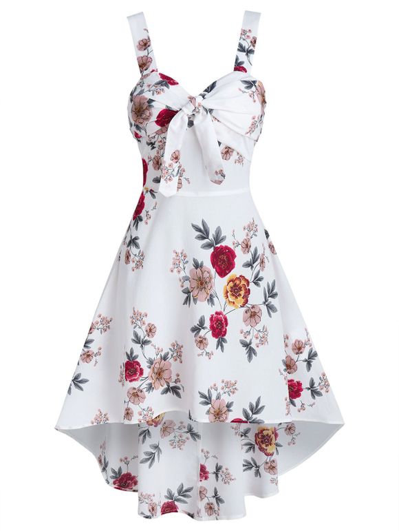 Robe Haute Basse Nouée Fleurie Imprimée sans Manches - Blanc 3XL