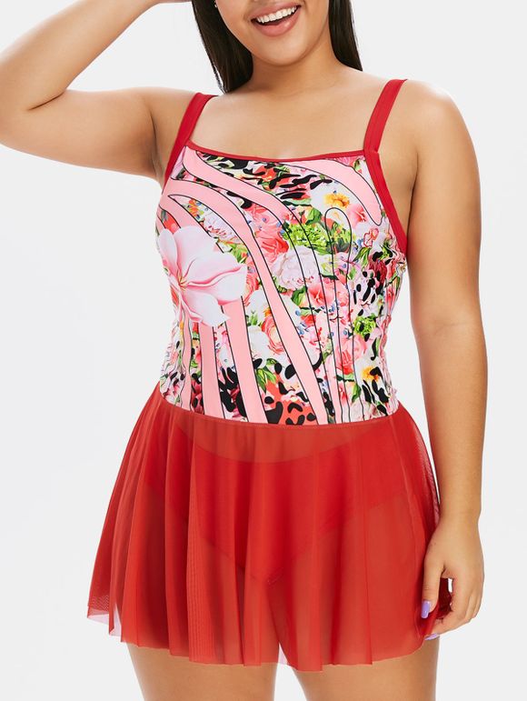 Plus Size Floral Print Mesh Flounce Tankini Swimwear - RED 3X