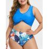 Maillot de Bain Tankini Feuille et Flamant Imprimés de Grande Taille à Ourlet Tordu - Bleu 2X