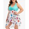 Ensemble de Tankini Mouchoir Papillon Imprimé Panneau en Maille de Grande Taille - Bleu Vert 2X