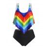 Maillot de Bain Tankini Rayé Arc-en-ciel à Bretelle de Grande Taille à Volants - multicolor 4X