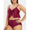 Maillot de Bain Tankini Péplum Noué Panneau en Maille à Taille Haute de Grande Taille - Rouge Vineux 2X