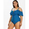 Plus Size Lace Up Ruffle Cold Shoulder One-piece Swimsuit - BLUEBERRY BLUE 5X