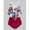 Maillot de Bain Tankini Croisé Motif de Plume de Grande Taille - Brique Réfractaire 3X