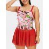 Plus Size Floral Print Mesh Flounce Tankini Swimwear - RED L