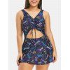 Maillot de Bain Tankini Découpé Libellule Imprimée de Grande Taille à Lacets - Ardoise bleue foncée 4X