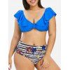 Maillot de Bain Bikini Fleuri Rayé à Coupe Haute de Grande Taille à Volants - Bleu Océan 2X