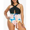 Maillot de Bain Découpé Croisé Fleuri Imprimé de Grande Taille Une-Pièce - Noir 2X