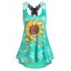 Débardeur Haut-Bas à Bretelle à Ourlet en Crochet à Imprimé Crâne et Tournesol  - Bleu Vert 2XL