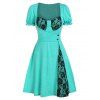 Robe Evasée Fleur en Dentelle Insérée Boutonnée en Ligne A Style Corset - Turquoise Moyenne XL
