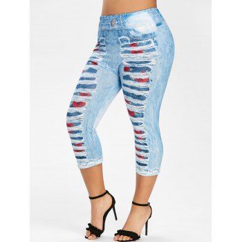 

Plus Size 3D Ripped Print Faux Denim Leggings, Denim dark blue
