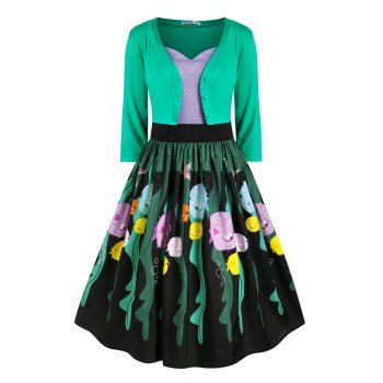 

Button Up Cardigan And Funny Fish Print Strappy Dress Set, Green