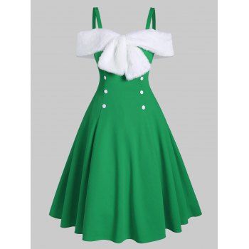

Faux Fur Insert Bowknot Cold Shoulder Button Embellished Dress, Light sea green