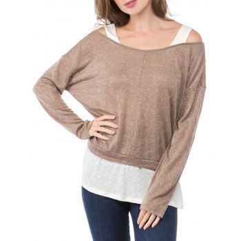 

Cold Shoulder Contrast Faux Twinset T-shirt, Camel brown