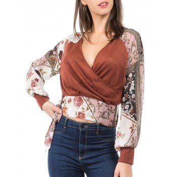 

Scarf Print Raglan Sleeve Surplice T-shirt, Multicolor a