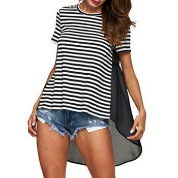 

Striped Print Chiffon Insert High Low T-shirt, Black