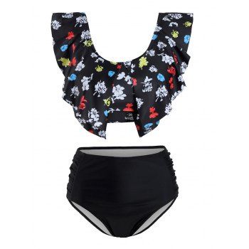 

Floral Leaves Print Slit Tankini Swimsuit, Black