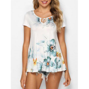 

Flower Print Knotted Tasseled T-shirt, Multicolor a