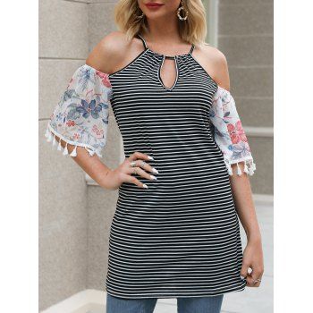 

Flower and Striped Print Cold Shoulder Tasseled T-shirt, Black