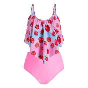 

Plus Size Strawberry Print Overlay Tankini Swimwear, Hot pink