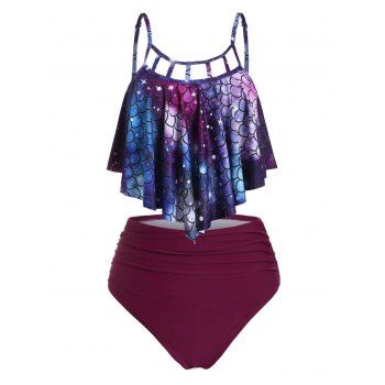 

Cutout Scale Print Ruched Mermaid Tankini Set, Maroon