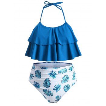 

Tiered Flounces Tie Back Leaves Print Plus Size Tankini Swimsuit, Blue