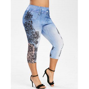 

Plus Size 3D Print Flower Crop Jeggings, Denim blue