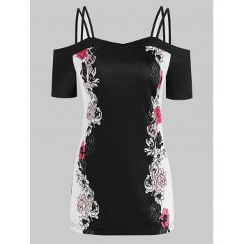 

Flower Print Open Shoulder Strappy T-shirt, Black
