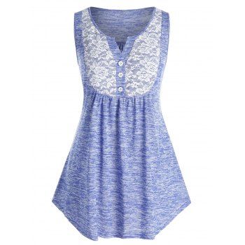 

Plus Size Floral Lace Insert Button Tank Top, Light slate blue