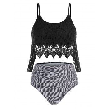 

Plus Size Lace Overlay Striped Tankini Swimwear, Black