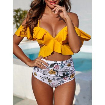 Image of Floral Leaves Ruffles Push Up Tankini Swimsuit